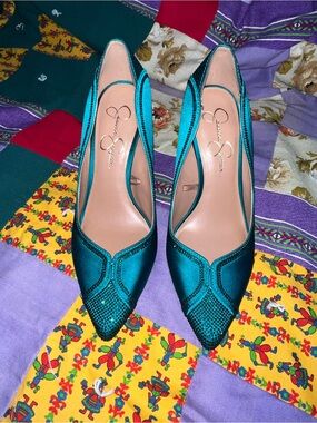 Jessica Simpson Emerald Green Satin Pointed Toe Heels with Embellished Vamp